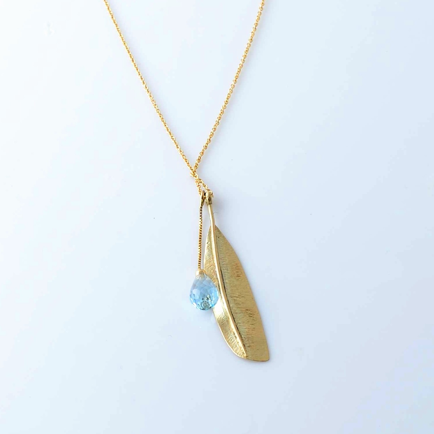 Gold Necklace Feather Blue Topaz